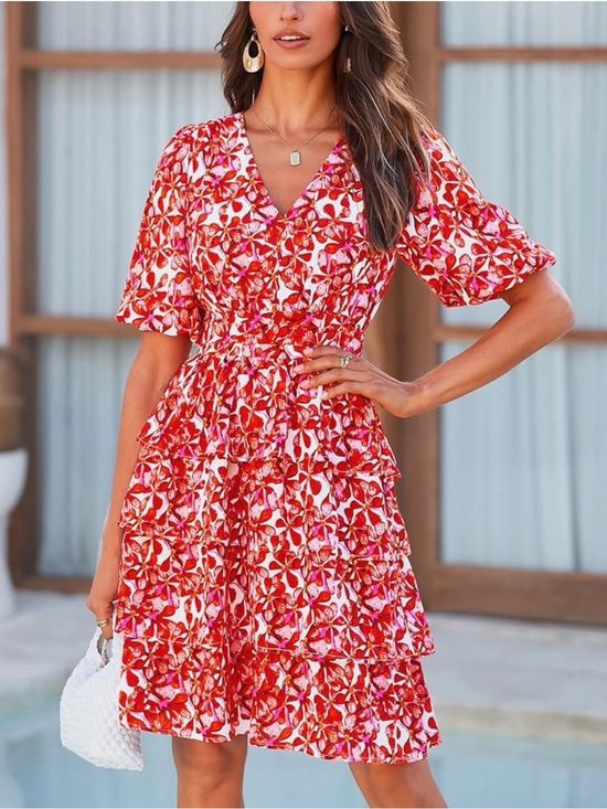 Dresses & Skirts - Floral V-Neck Ruffle Tiered Dress in Red